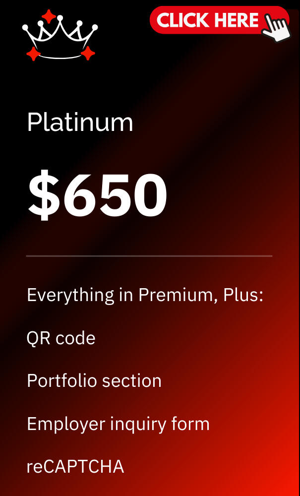 Platinum Resume Website The ultimate resume website package, offering custom design, logo, branding enhancements, video introduction, and premium features for professionals who want a powerful, standout online presence.